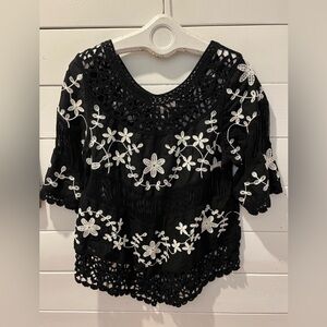 Olivier Embroidered Cotton Top – Black & White Boho Style, Size S